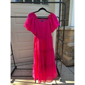 Illusory Bright Pink Off-Shoulder Tiered Maxi Dress Size L